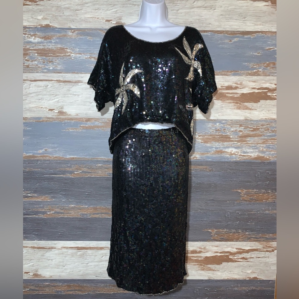 Oleg Cassini Vintage VTG silk sequin beaded top skirt dress set size medium M